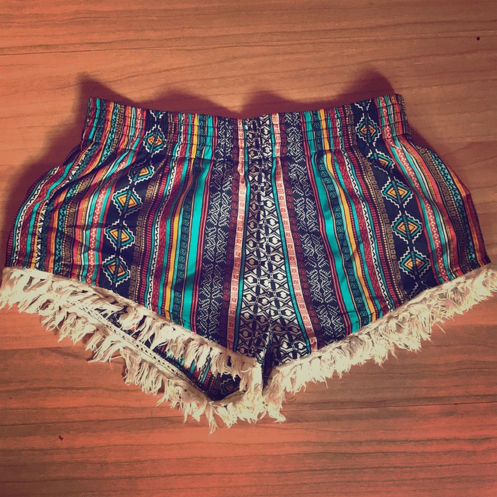 Tribal print fringe shorts